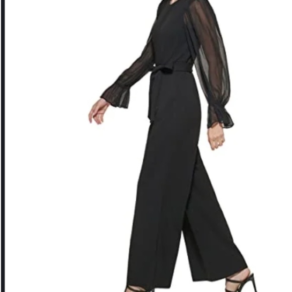 Calvin Klein Sheer Sleeves Wide Leg  Jumpsuit NWT